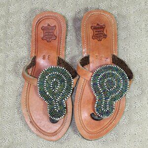 Women's Size 7.5 / 38 Handmade Beaded Leather Upper Rubber Soled Flip Flops